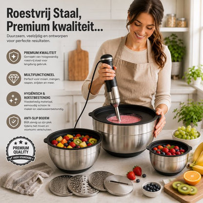 Signature Home Mengkommen Set met Deksel - 24-Delige Beslagkommen & Mixkommen Set - RVS Kommen 1,5 tot 5 Liter - Inclusief Raspopzetstukken en Maatschepjes - Antislip Bodem - Vaatwasser- en Vriezerbestendig - Zwart - Zilver