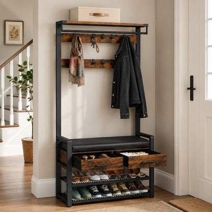 Signature Home Kapstok met Schoenenrek en Bankje - Halgarderobe met Zitkussen - Schoenenkast 4 Niveaus - 9 Haken - Garderoberek voor Hal en Slaapkamer - Industrieel Vintage Bruin/Zwart
