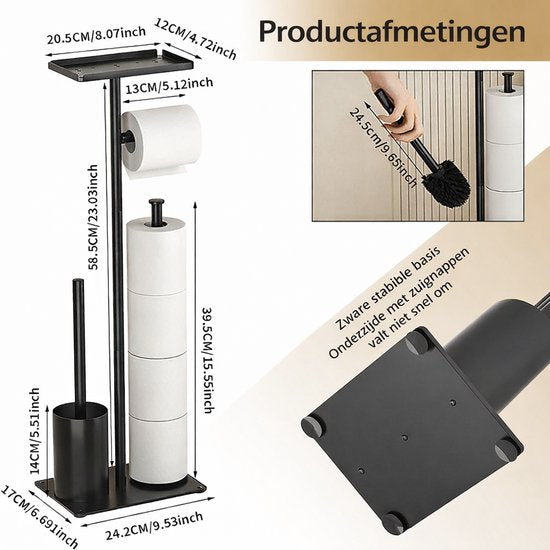 Signature Home Toiletbutler 4 in 1 - Toiletrolhouder vrijstaand - Toiletrolhouder Zonder boren - Toiletborstel met plankje - Reserverolhouder - RVS - Zwart
