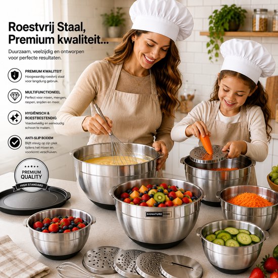Signature Home Mengkommen Set met Deksel - 24-Delige Beslagkommen & Mixkommen Set - RVS Kommen 1,5 tot 5 Liter - Inclusief Raspopzetstukken en Maatschepjes - Antislip Bodem - Vaatwasser- en Vriezerbestendig - Zwart - Zilver