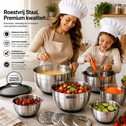 Signature Home Mengkommen Set met Deksel - 24-Delige Beslagkommen & Mixkommen Set - RVS Kommen 1,5 tot 5 Liter - Inclusief Raspopzetstukken en Maatschepjes - Antislip Bodem - Vaatwasser- en Vriezerbestendig - Zwart - Zilver