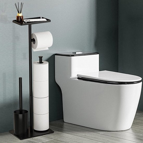 Signature Home Toiletbutler 4 in 1 - Toiletrolhouder vrijstaand - Toiletrolhouder Zonder boren - Toiletborstel met plankje - Reserverolhouder - RVS - Zwart