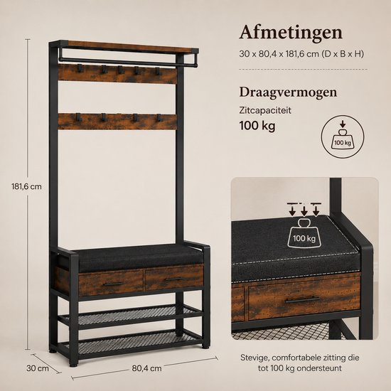 Signature Home Kapstok met Schoenenrek en Bankje - Halgarderobe met Zitkussen - Schoenenkast 4 Niveaus - 9 Haken - Garderoberek voor Hal en Slaapkamer - Industrieel Vintage Bruin/Zwart
