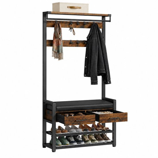 Signature Home Kapstok met Schoenenrek en Bankje - Halgarderobe met Zitkussen - Schoenenkast 4 Niveaus - 9 Haken - Garderoberek voor Hal en Slaapkamer - Industrieel Vintage Bruin/Zwart
