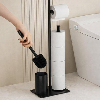 Signature Home Toiletbutler 4 in 1 - Toiletrolhouder vrijstaand - Toiletrolhouder Zonder boren - Toiletborstel met plankje - Reserverolhouder - RVS - Zwart