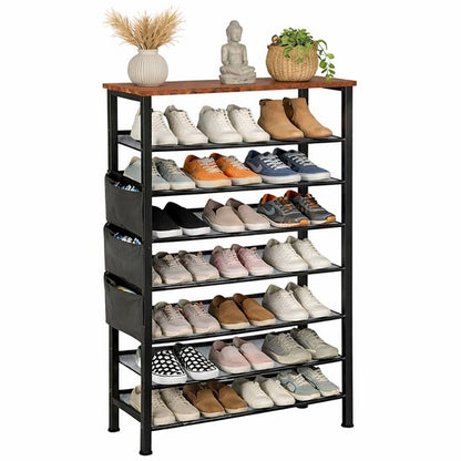 Signature Home Schoenenrek 8 Lagen - Industrieel Schoenenkast - Open Schoenenkast verstelbaar - Extra Opbergen van Schoenen - Hout & Metaal - voor 24-32 paar schoenen - Bruin Zwart - 75 x 30 x 137 cm