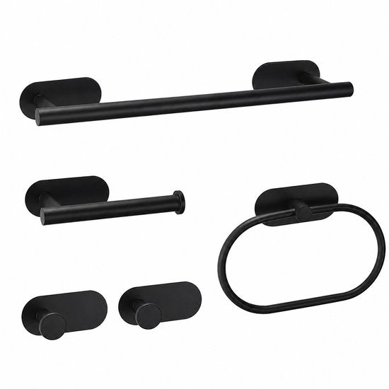 Signature Home Badkamer Accessoires Set 5-Delig - Toiletrolhouder - Handdoekhouder - Toilet Accessoires - Handdoekring - Handdoekhaak & Jashaak - Zelfklevend Zonder Boren - RVS Toiletset - Mat Zwart