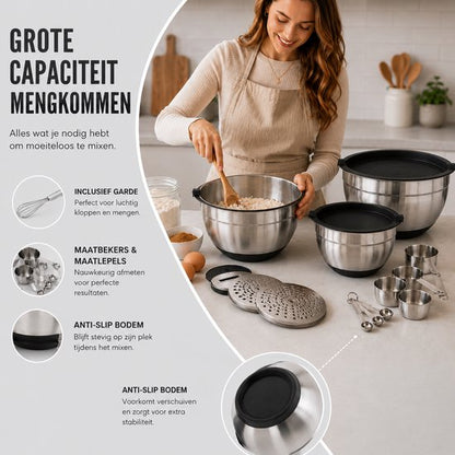Signature Home Mengkommen Set met Deksel - 24-Delige Beslagkommen & Mixkommen Set - RVS Kommen 1,5 tot 5 Liter - Inclusief Raspopzetstukken en Maatschepjes - Antislip Bodem - Vaatwasser- en Vriezerbestendig - Zwart - Zilver