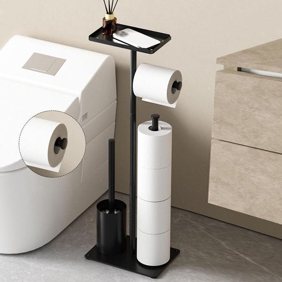 Signature Home Toiletbutler 4 in 1 - Toiletrolhouder vrijstaand - Toiletrolhouder Zonder boren - Toiletborstel met plankje - Reserverolhouder - RVS - Zwart