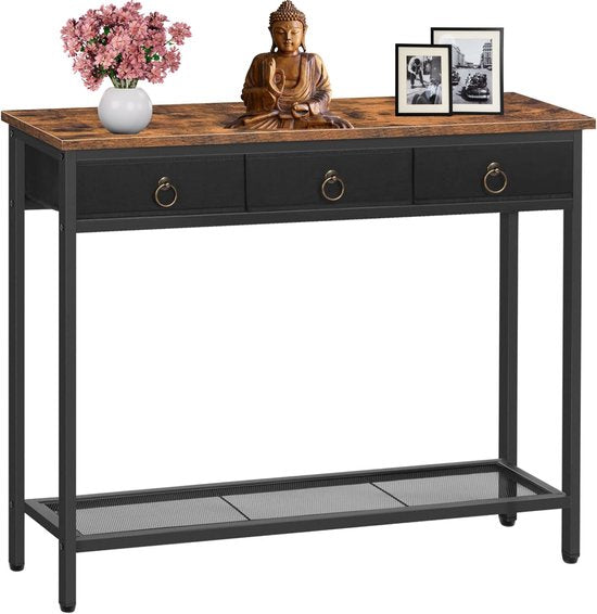 Signature Home Mumbai consoletafel – haltafel – smalle bijzettafel met 3 lades van non-woven stof – wandtafel met metalen frame – industrieel – bruin/zwart – 25 × 100 × 80 cm