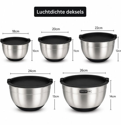 Signature Home Mengkommen Set met Deksel - 24-Delige Beslagkommen & Mixkommen Set - RVS Kommen 1,5 tot 5 Liter - Inclusief Raspopzetstukken en Maatschepjes - Antislip Bodem - Vaatwasser- en Vriezerbestendig - Zwart - Zilver