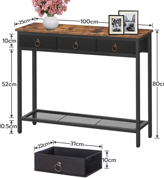Signature Home Mumbai consoletafel – haltafel – smalle bijzettafel met 3 lades van non-woven stof – wandtafel met metalen frame – industrieel – bruin/zwart – 25 × 100 × 80 cm