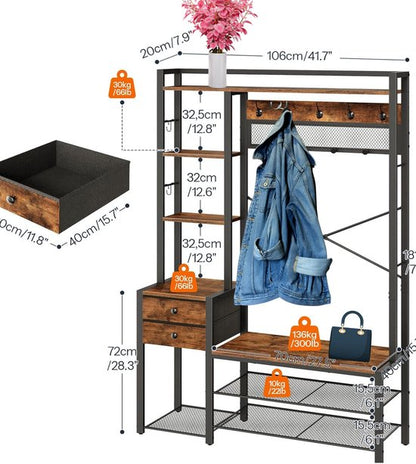 Signature Home kapstok met schoenenbank – garderoberek met 16 haken – kledingrek – halmeubel met lades van non-woven stof – garderobe met bank – voor woonkamer en hal – bruin – zwart – 40 × 106 × 180 cm