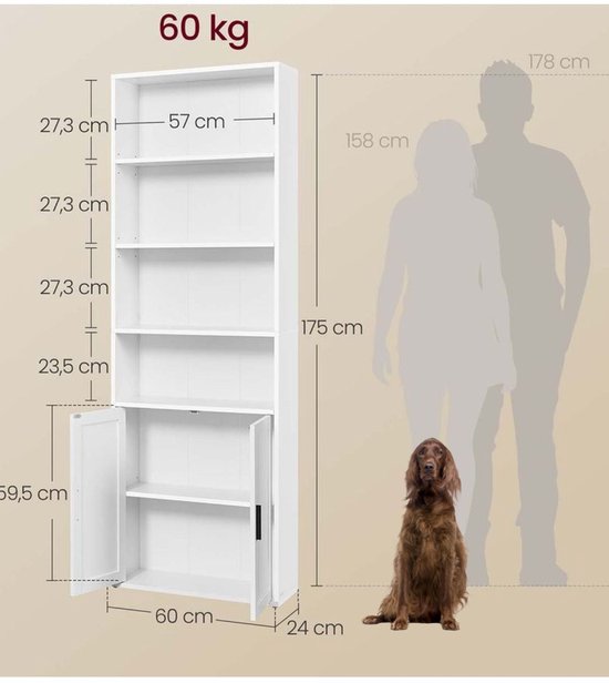 Signature Home boekenkast - hoge boekenkast plank met 6 niveaus - vrijstaande plank met deuren - Kast voor woonkamer - thuiskantoor - eetkamer - White - 24 x 60 x 175 cm,