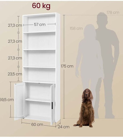 Signature Home boekenkast - hoge boekenkast plank met 6 niveaus - vrijstaande plank met deuren - Kast voor woonkamer - thuiskantoor - eetkamer - White - 24 x 60 x 175 cm,