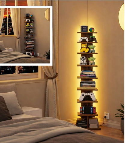 Signature Home Boekenkast 8-Laags – Hoek Boekenrek met LED Verlichting – Open Displaykast – Staande Hoekplank – Bruin – 34 x 26,5 x 122 cm