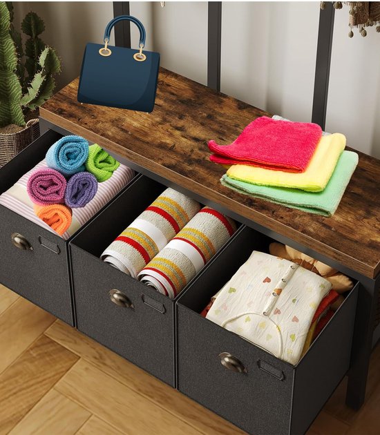 Signature Home XXL garderobe – kapstok – kapstok met schoenenrek – kledingrek met 24 haken – zitbank met 3 opbergboxen – bruin/zwart – 100 × 37 × 182 cm