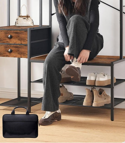 Signature Home kapstok met schoenenbank – garderoberek met 16 haken – kledingrek – halmeubel met lades van non-woven stof – garderobe met bank – voor woonkamer en hal – bruin – zwart – 40 × 106 × 180 cm