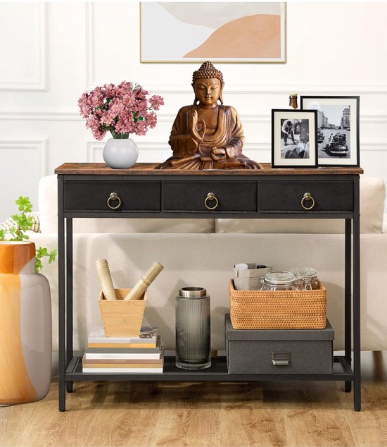 Signature Home Mumbai consoletafel – haltafel – smalle bijzettafel met 3 lades van non-woven stof – wandtafel met metalen frame – industrieel – bruin/zwart – 25 × 100 × 80 cm