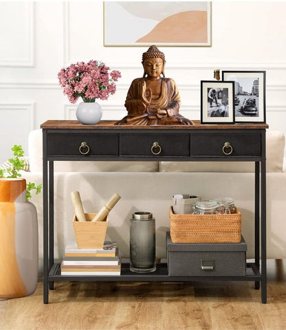 Signature Home Mumbai consoletafel – haltafel – smalle bijzettafel met 3 lades van non-woven stof – wandtafel met metalen frame – industrieel – bruin/zwart – 25 × 100 × 80 cm