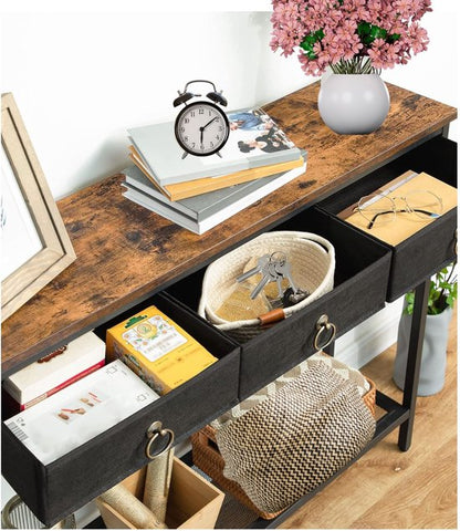 Signature Home Mumbai consoletafel – haltafel – smalle bijzettafel met 3 lades van non-woven stof – wandtafel met metalen frame – industrieel – bruin/zwart – 25 × 100 × 80 cm