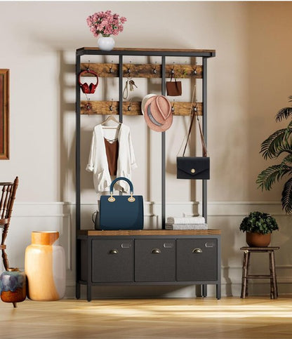 Signature Home XXL garderobe – kapstok – kapstok met schoenenrek – kledingrek met 24 haken – zitbank met 3 opbergboxen – bruin/zwart – 100 × 37 × 182 cm