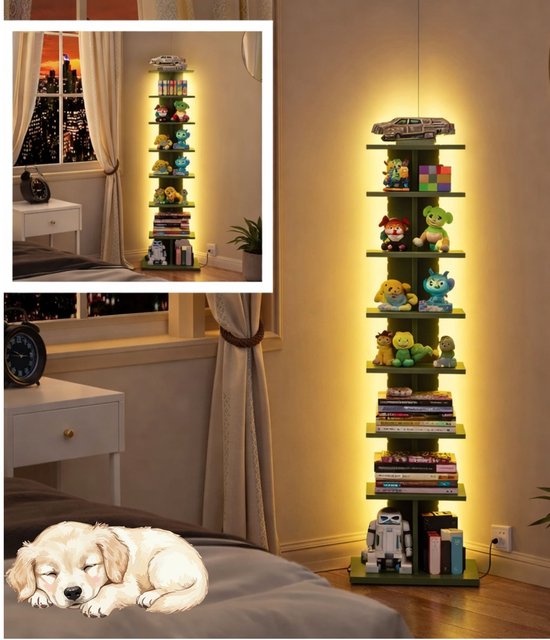 Signature Home Boekenkast - 8-Laags – Hoek Boekenrek met LED Verlichting – Open Displaykast – Staande Hoekplank – Olijfgroen – 34 x 26,5 x 122 cm