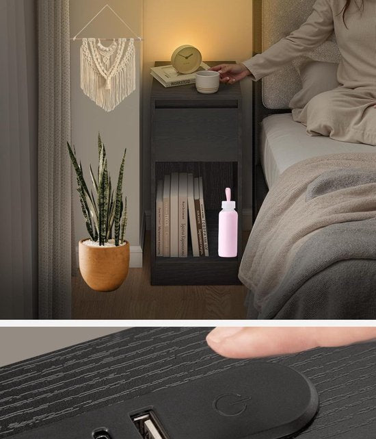 Signature Home Nachtkastje Set van 2 - Slank Bijzettafel - LED-verlichting - 1 USB-A-poort - 1 USB-C-poort - Lade Open vak - voor Slaapkamer - Woonkamer - Ebbenhout Zwart