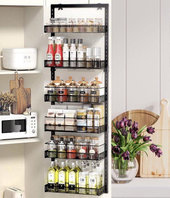 Signature Home Kruidenrek voor Deur – 6 Laags Kruidenrek Keuken Organizer – Zwart Metaal – Kruidenrek Kastdeur
