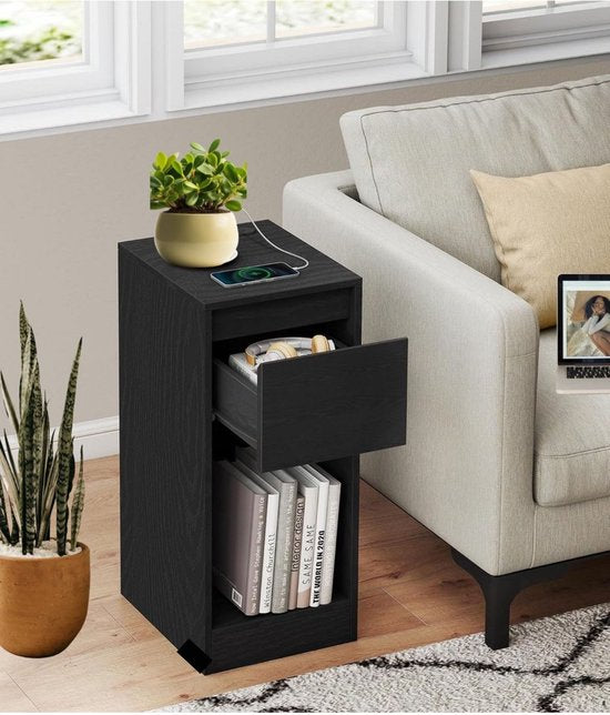 Signature Home Nachtkastje Set van 2 - Slank Bijzettafel - LED-verlichting - 1 USB-A-poort - 1 USB-C-poort - Lade Open vak - voor Slaapkamer - Woonkamer - Ebbenhout Zwart