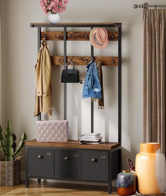 Signature Home XXL garderobe – kapstok – kapstok met schoenenrek – kledingrek met 24 haken – zitbank met 3 opbergboxen – bruin/zwart – 100 × 37 × 182 cm