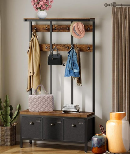 Signature Home XXL garderobe – kapstok – kapstok met schoenenrek – kledingrek met 24 haken – zitbank met 3 opbergboxen – bruin/zwart – 100 × 37 × 182 cm