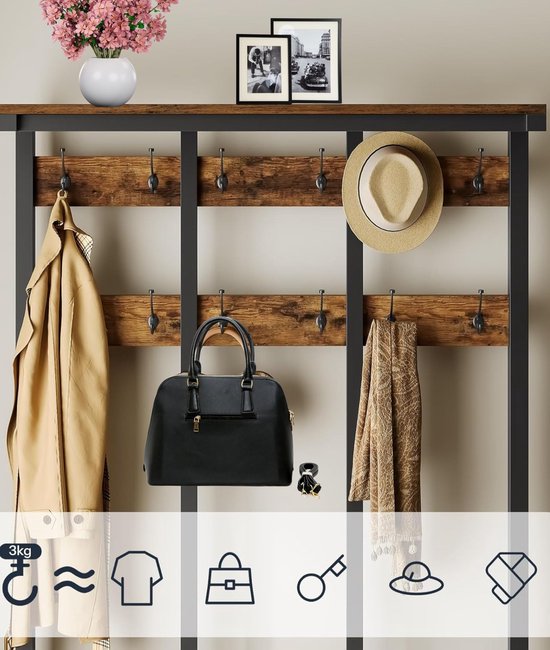 Signature Home XXL garderobe – kapstok – kapstok met schoenenrek – kledingrek met 24 haken – zitbank met 3 opbergboxen – bruin/zwart – 100 × 37 × 182 cm