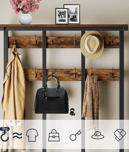 Signature Home XXL garderobe – kapstok – kapstok met schoenenrek – kledingrek met 24 haken – zitbank met 3 opbergboxen – bruin/zwart – 100 × 37 × 182 cm