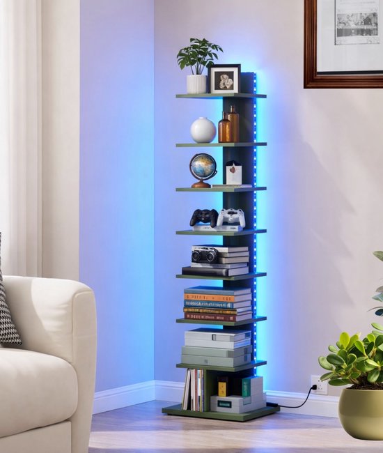 Signature Home Boekenkast - 8-Laags – Hoek Boekenrek met LED Verlichting – Open Displaykast – Staande Hoekplank – Olijfgroen – 34 x 26,5 x 122 cm