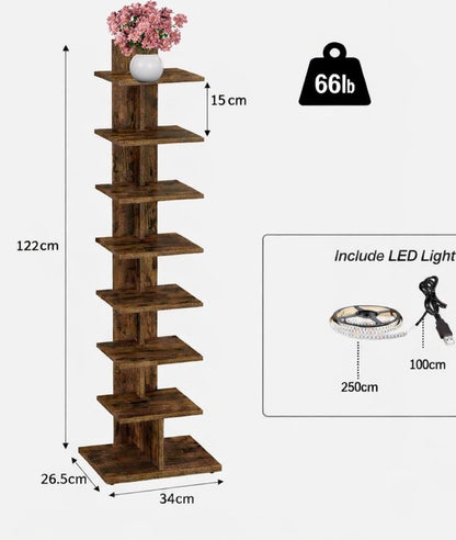 Signature Home Boekenkast 8-Laags – Hoek Boekenrek met LED Verlichting – Open Displaykast – Staande Hoekplank – Bruin – 34 x 26,5 x 122 cm