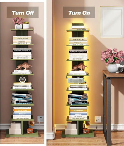 Signature Home Boekenkast - 8-Laags – Hoek Boekenrek met LED Verlichting – Open Displaykast – Staande Hoekplank – Olijfgroen – 34 x 26,5 x 122 cm