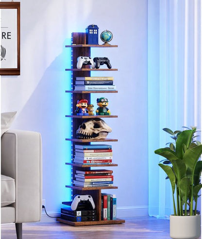 Signature Home Boekenkast 8-Laags – Hoek Boekenrek met LED Verlichting – Open Displaykast – Staande Hoekplank – Bruin – 34 x 26,5 x 122 cm