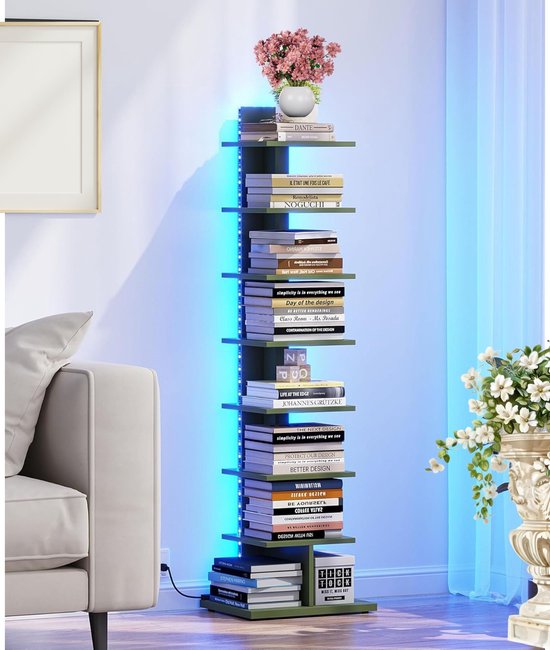 Signature Home Boekenkast - 8-Laags – Hoek Boekenrek met LED Verlichting – Open Displaykast – Staande Hoekplank – Olijfgroen – 34 x 26,5 x 122 cm
