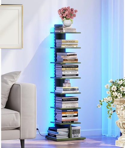 Signature Home Boekenkast - 8-Laags – Hoek Boekenrek met LED Verlichting – Open Displaykast – Staande Hoekplank – Olijfgroen – 34 x 26,5 x 122 cm