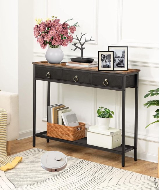 Signature Home Mumbai consoletafel – haltafel – smalle bijzettafel met 3 lades van non-woven stof – wandtafel met metalen frame – industrieel – bruin/zwart – 25 × 100 × 80 cm