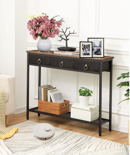 Signature Home Mumbai consoletafel – haltafel – smalle bijzettafel met 3 lades van non-woven stof – wandtafel met metalen frame – industrieel – bruin/zwart – 25 × 100 × 80 cm