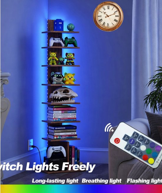 Signature Home Boekenkast 8-Laags – Hoek Boekenrek met LED Verlichting – Open Displaykast – Staande Hoekplank – Bruin – 34 x 26,5 x 122 cm