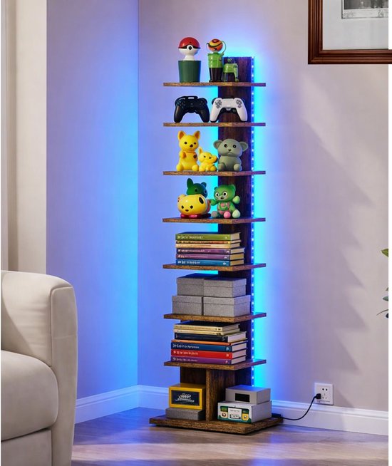 Signature Home Boekenkast 8-Laags – Hoek Boekenrek met LED Verlichting – Open Displaykast – Staande Hoekplank – Bruin – 34 x 26,5 x 122 cm