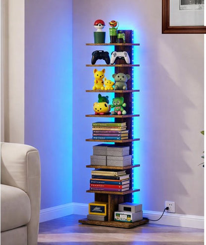 Signature Home Boekenkast 8-Laags – Hoek Boekenrek met LED Verlichting – Open Displaykast – Staande Hoekplank – Bruin – 34 x 26,5 x 122 cm