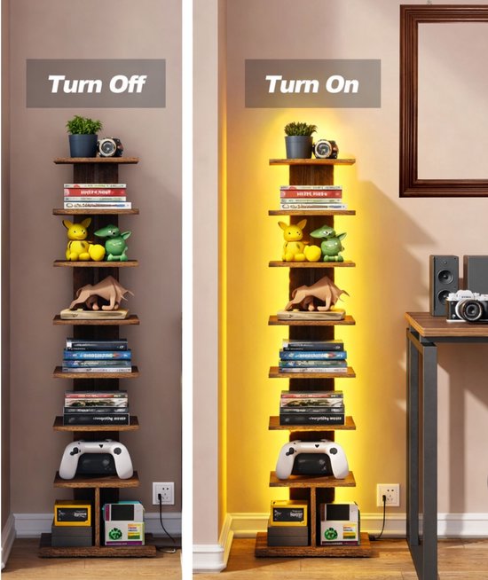 Signature Home Boekenkast 8-Laags – Hoek Boekenrek met LED Verlichting – Open Displaykast – Staande Hoekplank – Bruin – 34 x 26,5 x 122 cm