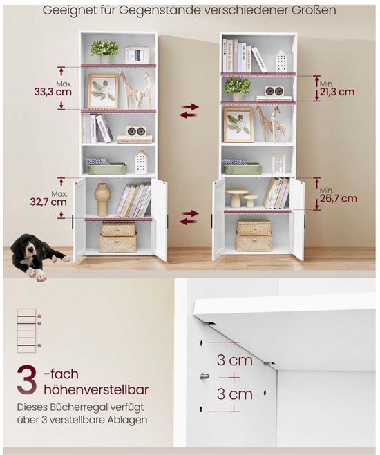 Signature Home boekenkast - hoge boekenkast plank met 6 niveaus - vrijstaande plank met deuren - Kast voor woonkamer - thuiskantoor - eetkamer - White - 24 x 60 x 175 cm,
