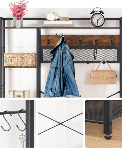Signature Home kapstok met schoenenbank – garderoberek met 16 haken – kledingrek – halmeubel met lades van non-woven stof – garderobe met bank – voor woonkamer en hal – bruin – zwart – 40 × 106 × 180 cm
