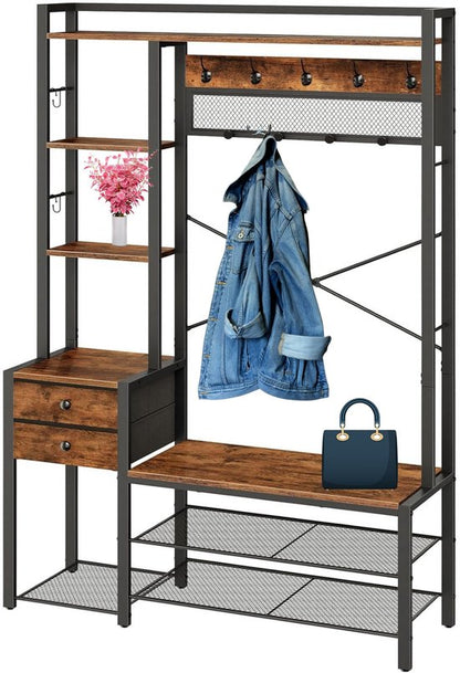 Signature Home kapstok met schoenenbank – garderoberek met 16 haken – kledingrek – halmeubel met lades van non-woven stof – garderobe met bank – voor woonkamer en hal – bruin – zwart – 40 × 106 × 180 cm