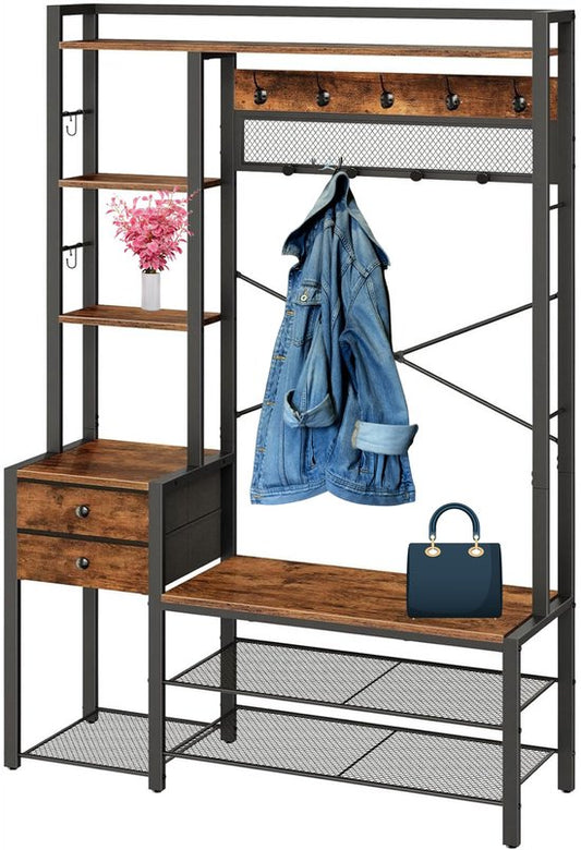 Signature Home kapstok met schoenenbank – garderoberek met 16 haken – kledingrek – halmeubel met lades van non-woven stof – garderobe met bank – voor woonkamer en hal – bruin – zwart – 40 × 106 × 180 cm